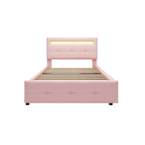 Lit - MUVOE - 90x200 cm - Rembourré - Éclairage LED - 2 tiroirs - Rose 2