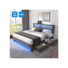 Lit rembourré - MUVOE - 140x190 cm - USB - Éclairage LED - 4 tiroirs de rangement