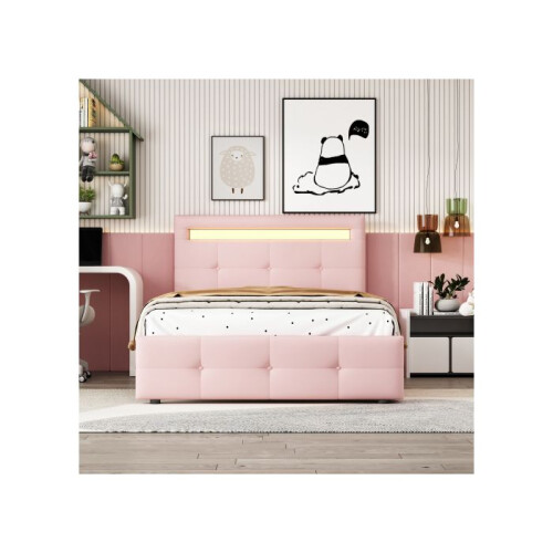 Lit - MUVOE - 90x200 cm - Rembourré - Éclairage LED - 2 tiroirs - Rose 1