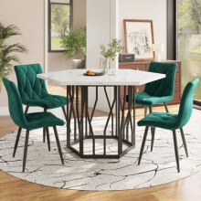 Moderne hexagonale eetkamertafel van marmer + 4 groene fluwelen eetstoelen