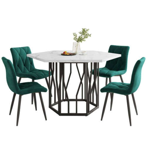 Moderne hexagonale eetkamertafel van marmer + 4 groene fluwelen eetstoelen 2