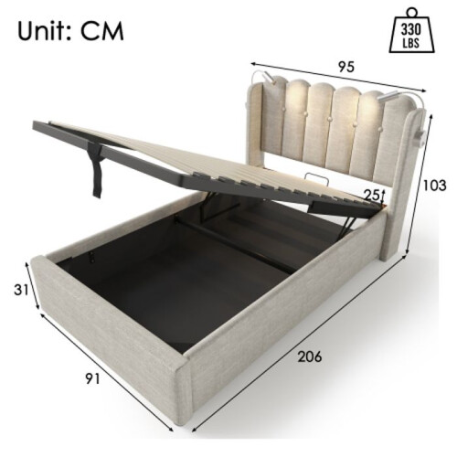 Lit simple - MUVOE - 90x200 - Liseuse intégrée - Recharge USB - Design en lin gris 1