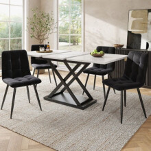 Eetkamer set - MUVOE - 5 delen - Witte rechthoekige tafel - 4 zwarte stoelen - 6 personen