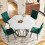 Moderne hexagonale eetkamertafel van marmer + 4 groene fluwelen eetstoelen 2