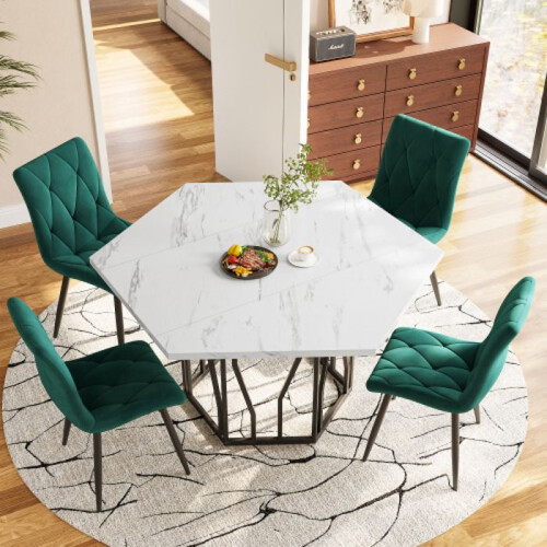 Moderne hexagonale eetkamertafel van marmer + 4 groene fluwelen eetstoelen 1