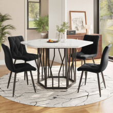 Moderne hexagonale marble eettafel + 4 zwarte velvet eetstoelen voor een gezellige sfeer