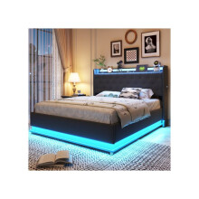 Valo LED - MUVOE - 140x200 cm - Harmaa pellava - USB-lataus - Hydraulinen säilytys