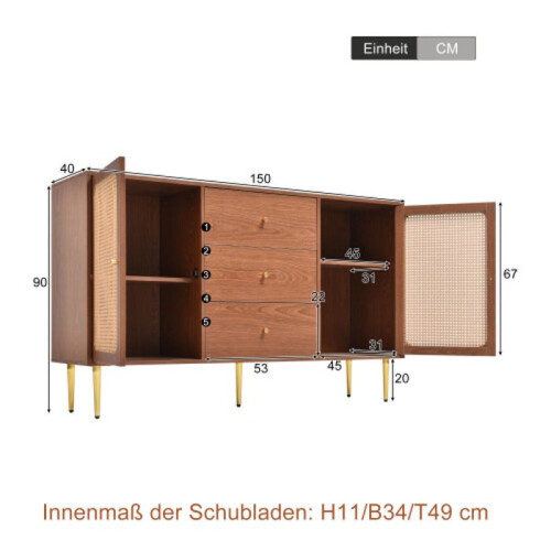 Commode - Noyer - 2 portes - 3 tiroirs - Style vintage - Réglable 1