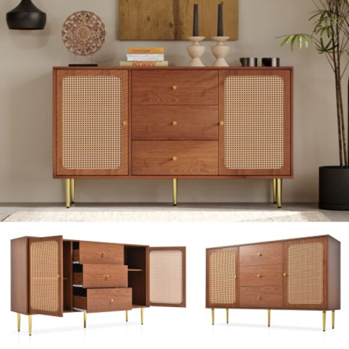 Commode - Noyer - 2 portes - 3 tiroirs - Style vintage - Réglable