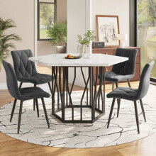 Eetkamerset - Modern - Hexagonale marmeren tafel - 4 grijze fluwelen stoelen - 5 stuks