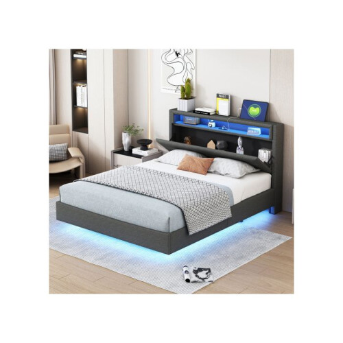 Lit - MUVOE - 140x200 cm - Prise USB - Éclairage LED - Tête de lit réversible