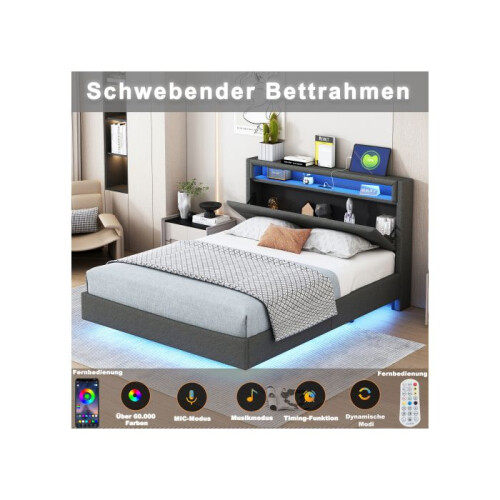 Lit - MUVOE - 140x200 cm - Prise USB - Éclairage LED - Tête de lit réversible 1