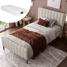 Sänky yksinkertainen 90x200 cm - MUVOE - Kehys lamellipatjalla - Säädettävä pääty - Harmaa-beige - Patja mukaan