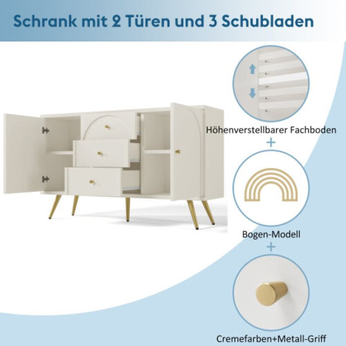 Commode - MUVOE - 2 deuren - 3 laden - Wit - Crème - H84/B140/T40 cm 1
