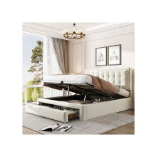 Lit 140x200 - MUVOE - Rembourré - Velours Beige - 2 Tiroirs - Sommier à Lattes