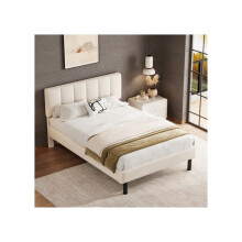 Lit - MUVOE - 140x190 - Tissu sherpa beige - Pieds en fer - Design simple