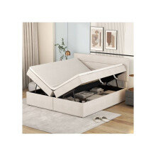 Lit double capitonné - MUVOE - 200x140 cm - Beige - Sommier à lattes - Grand espace de rangement