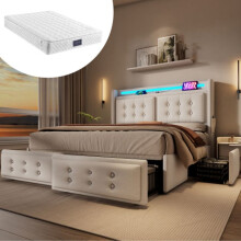 Lit double 160x200 - MUVOE - Beige - TĂŞte de lit LED - Recharge USB - 4 tiroirs