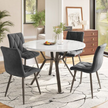 Tafel en stoelen set - MUVOE - 5 delen - Zwarte metalen poten - Grijze leren stoelen - Ergonomisch ontwerp