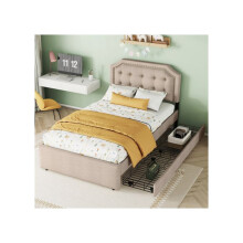 Lit - MUVOE - 90x200 cm - Beige foncé - Rembourré avec tiroirs - Design élégant
