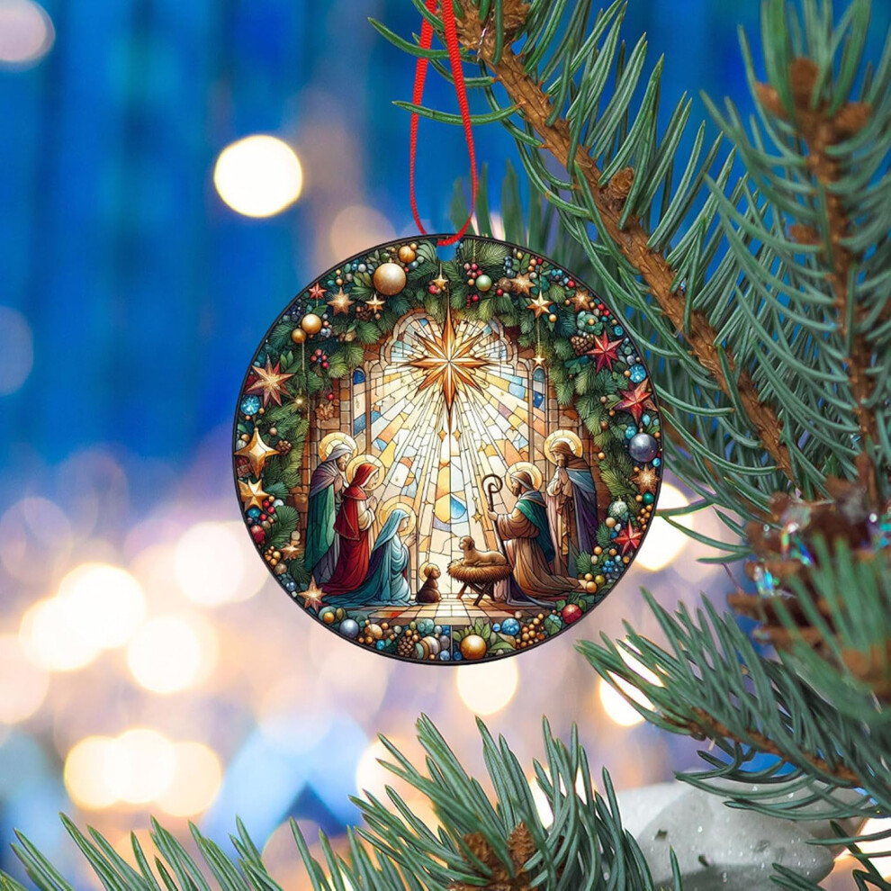(E) Christmas Decoration Xmas Ornaments Nativity Scene Decoration Wooden Christmas Tree Car Decoration Sacred Religious Gifts Nativity Scene Christmas