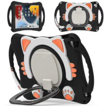 Kid Friendly Cat Design Case for Ipad 10.2 Inch 2019/2020/2021 with Big Ring Stand, Two Portable Handle, Camera Protection Cover