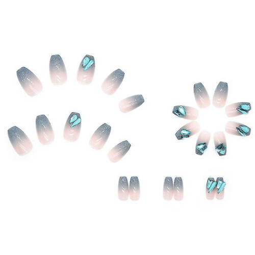 French Gradient Blue False Nails Teardrop Shape Diamonds False Nails 2