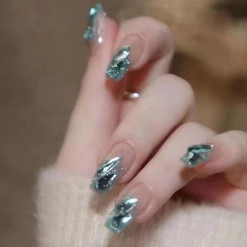 French Gradient Blue False Nails Teardrop Shape Diamonds False Nails 1