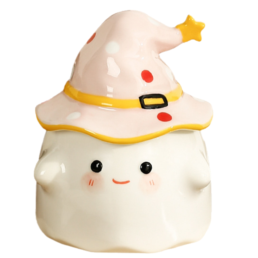 Cute Ghost Face Mug with Witch Hat Cover, Halloween Tea Cup, Pink-image-OPC-PK9FJ2V-NEW