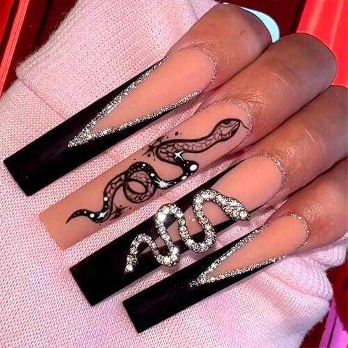 Shiny Diamond Snake False Nails Snake Pattern Frosted Square False Nails