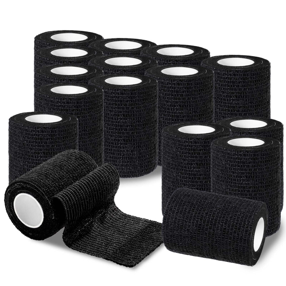 Black 16 Rolls Self-Adhesive Elastic Bandage 7.5 Cm X 4.5 M For First Aid On Fingers Wrists Ankles For People Pets