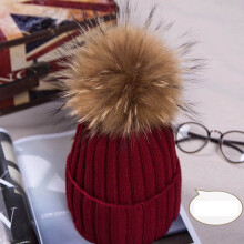 (WineRed) Winter Real New Raccoon Fur Hats Pom Pon Women Lady Knit Beanie Cap Bobble