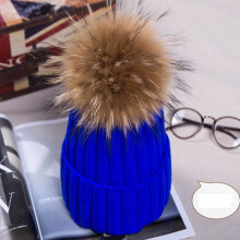 (Blue) Winter Real New Raccoon Fur Hats Pom Pon Women Lady Knit Beanie Cap Bobble