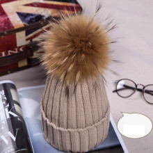 (Khaki) Winter Real New Raccoon Fur Hats Pom Pon Women Lady Knit Beanie Cap Bobble