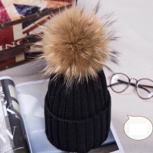(Black) Winter Real New Raccoon Fur Hats Pom Pon Women Lady Knit Beanie Cap Bobble