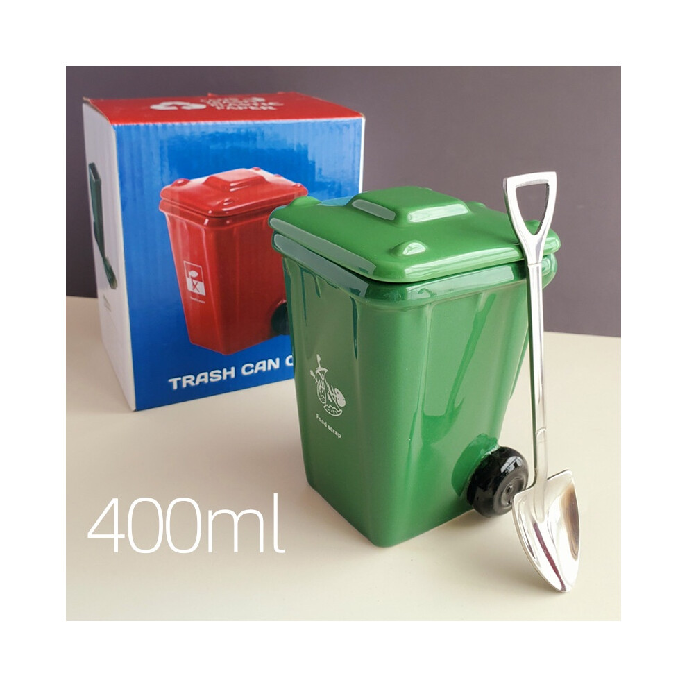 (Green) 400ml Can Trash Creative Ceramic Mug Water Cup Shovel Christmas Gifts Spoon