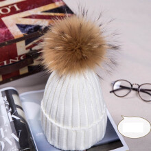 (White) Real Winter New Raccoon Fur Hats Pom Pon Women Lady Knit Bobble Beanie Cap
