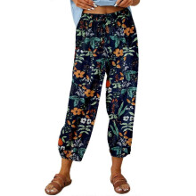 (S, Orange) Women Floral Elastic Waist Thin Pants Printed Cotton Linen Trousers Breathable Baggy Pants Casual Clothing White XL
