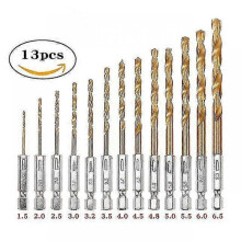 13pcs Hexagonal Handle Titanium Plated Twist Drill Hss High Speed Steel Titanium Coated Drill Bit Hex Shank Tools 1.5-6.5mm