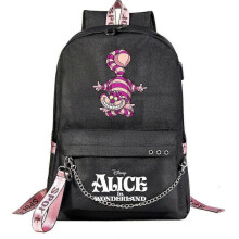 (2)Alice in Wonderland Backpack for Kids Boys Girls with USB Port - Canvas School Book Bag for Women, Men - Laptop Bookbag with Chain