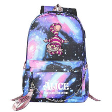 (5)Alice in Wonderland Backpack for Kids Boys Girls with USB Port - Canvas School Book Bag for Women, Men - Laptop Bookbag with Chain