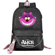 (9)Alice in Wonderland Backpack for Kids Boys Girls with USB Port - Canvas School Book Bag for Women, Men - Laptop Bookbag with Chain