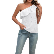 (XL, White) One Shoulder Tops Sleeveless Tops Loose Ruffle Blouses Shirts Casual Loose Fit Basic Shirts Sleeveless Tunic Blouses Yellow XL