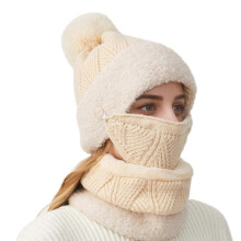 (Beige) Women Windproof Knitted Hat With Neck Scarf and Detachable Mask For Skiing And Daily Use Outdoor Winter Activity Hat White