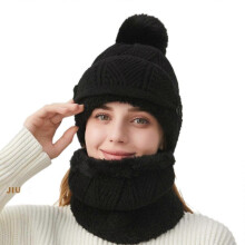 (Black) Women Windproof Knitted Hat With Neck Scarf and Detachable Mask For Skiing And Daily Use Outdoor Winter Activity Hat White