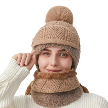 (Khaki) Women Windproof Knitted Hat With Neck Scarf and Detachable Mask For Skiing And Daily Use Outdoor Winter Activity Hat White