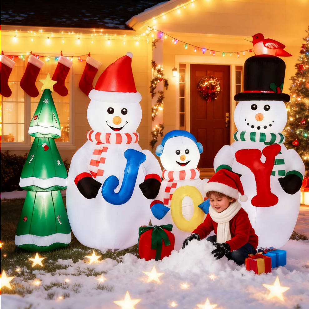 2.4M Lighted Inflatable Snowman Family w/ JOY & Xmas Tree Christmas Decor