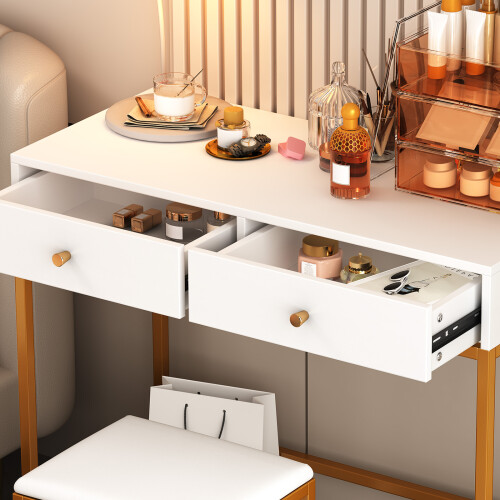 Writing Study Desk Computer Workstation w/2 Drawers Vanity ,White&Gold 2