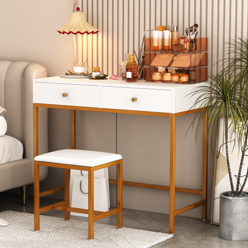 Writing Study Desk Computer Workstation w/2 Drawers Vanity ,White&Gold