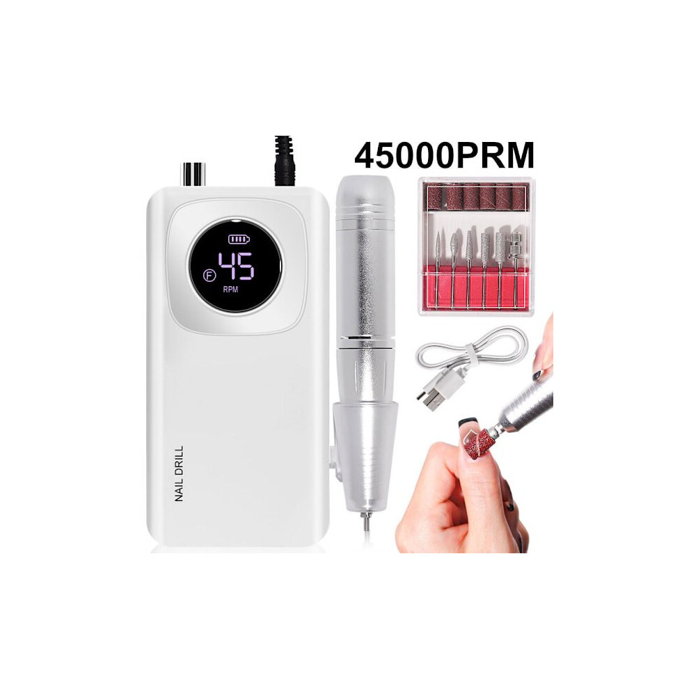 45000 Rpm Electric Nail Drill Kit, Portable Rechargeable Nail Drill, Nail Polishing Kit White